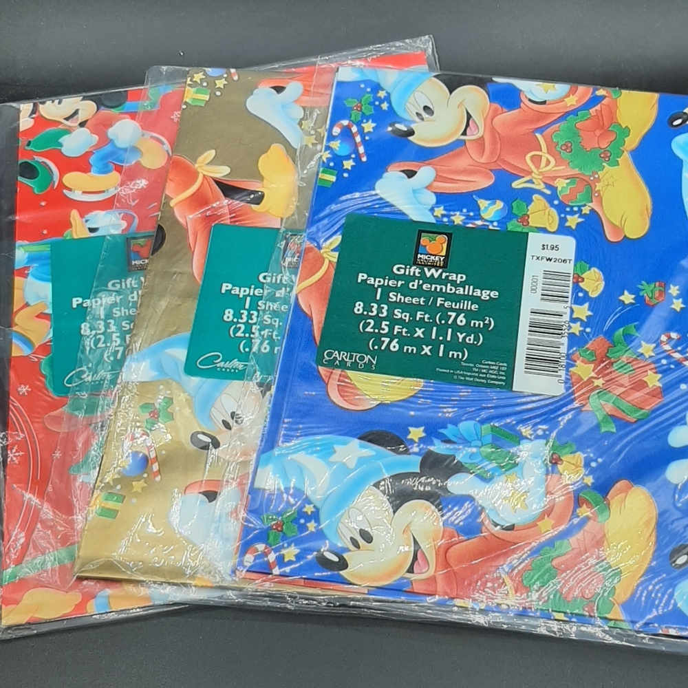 Vintage Mickey Mouse Wrapping Paper Carlton Cards Walt Disney Lot of 3 Christmas